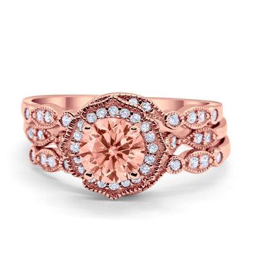 Three Piece Engagement Ring Band Simulated Morganite CZ Rose Tone 925 Sterling Silver